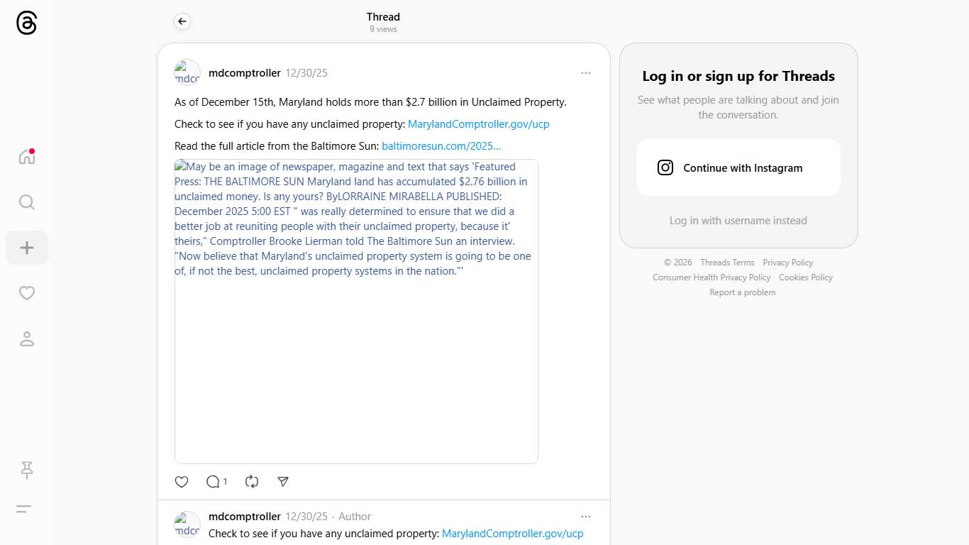 As of December 15th, Maryland holds more than $2.7 billion in Unclaimed Property. Check to see if you have any unclaimed property: MarylandComptroller.gov/ucp Read the full article from the Baltimore Sun: baltimoresun.com/2025/12/29/maryland-has-2-76-billion-unclaimed-money