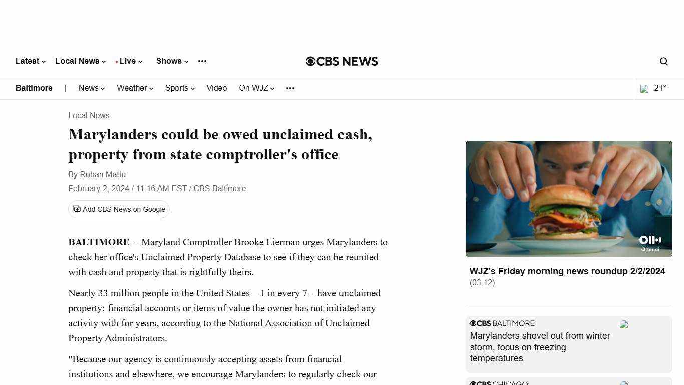 Marylanders could be owed unclaimed cash, property from state comptroller's office - CBS Baltimore